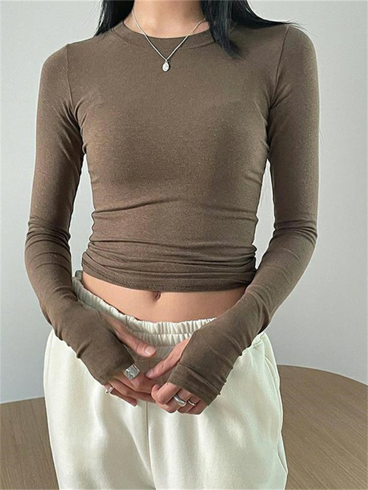 CHRONSTYLE Women Casual Slim Fit Long Sleeve O-Neck T-shirts Tops Spring Fall Solid Color Tees with Thumb Holes Streetwear 2023