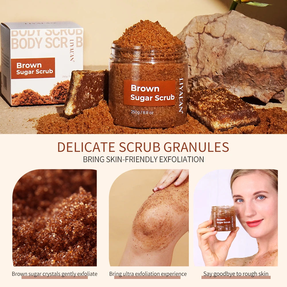 LIYALAN Brown Sugar Body Scrub Smooth Skin Exfoliating Deep Cleaning Softens Cuticles Moisturizing Whitening SPA Organic Sugar