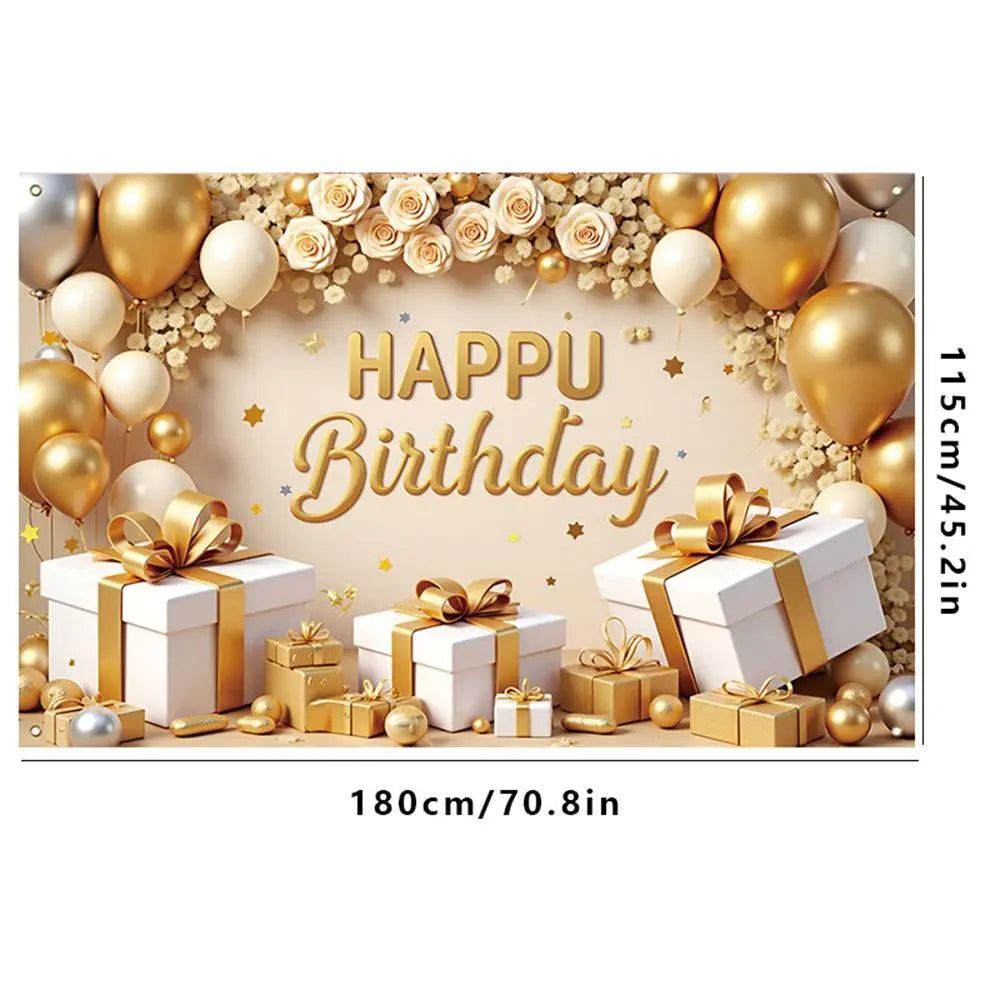 Golden Birthday Party Background Polyester Celebrate Banner Poster Balloon Flower Photography Backdrops Wedding Birthday