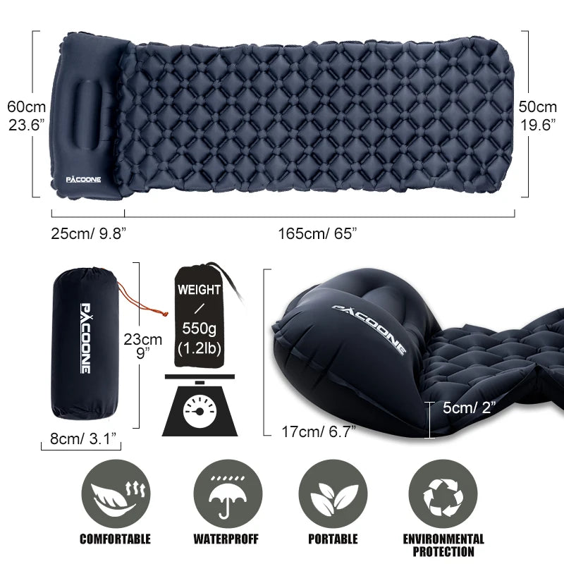 PACOONE Outdoor Camping Sleeping Pad Folding Sleep Mat Beach Inflat Mattress with Pillows Ultralight Air Mat Travel Hiking New