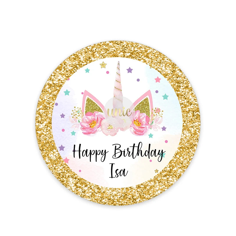 Unicorn Party Sticker Customized Name Text Candy Box Decor Baptism Baby Shower Decorations Kids Favors DIY Supplies