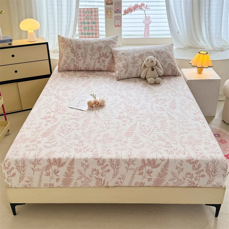 1pc Floral Fitted Bed Sheet Flower Printed Washed Cotton Bed Sheet with Elastic Single/Queen/King Size Bed Fitted Sheets