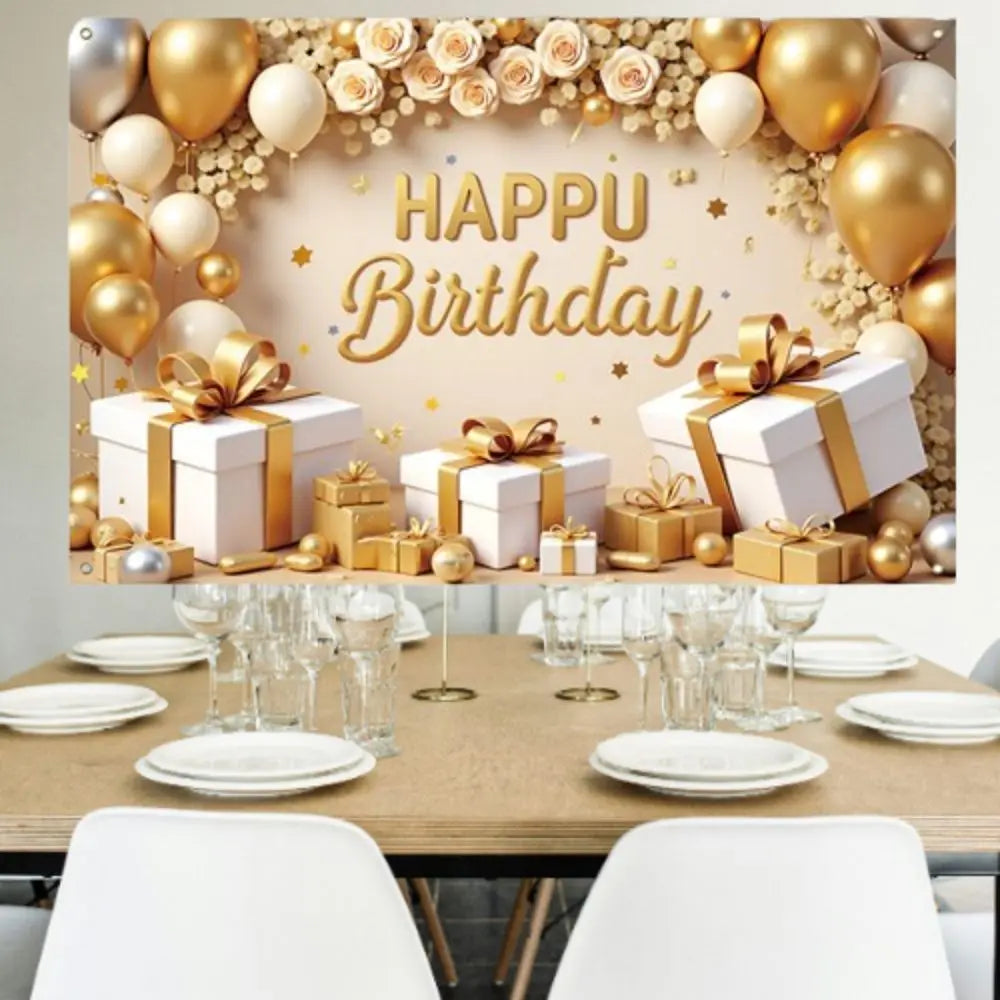 Golden Birthday Party Background Polyester Celebrate Banner Poster Balloon Flower Photography Backdrops Wedding Birthday