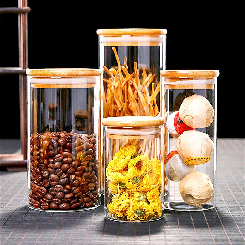 Glass Jar with Bamboo Lid, Kitchen Sealed Storage Bottles, Tea Coffee Bean Container, Spice Organizer, 250 ml, 300 ml, 350 ml