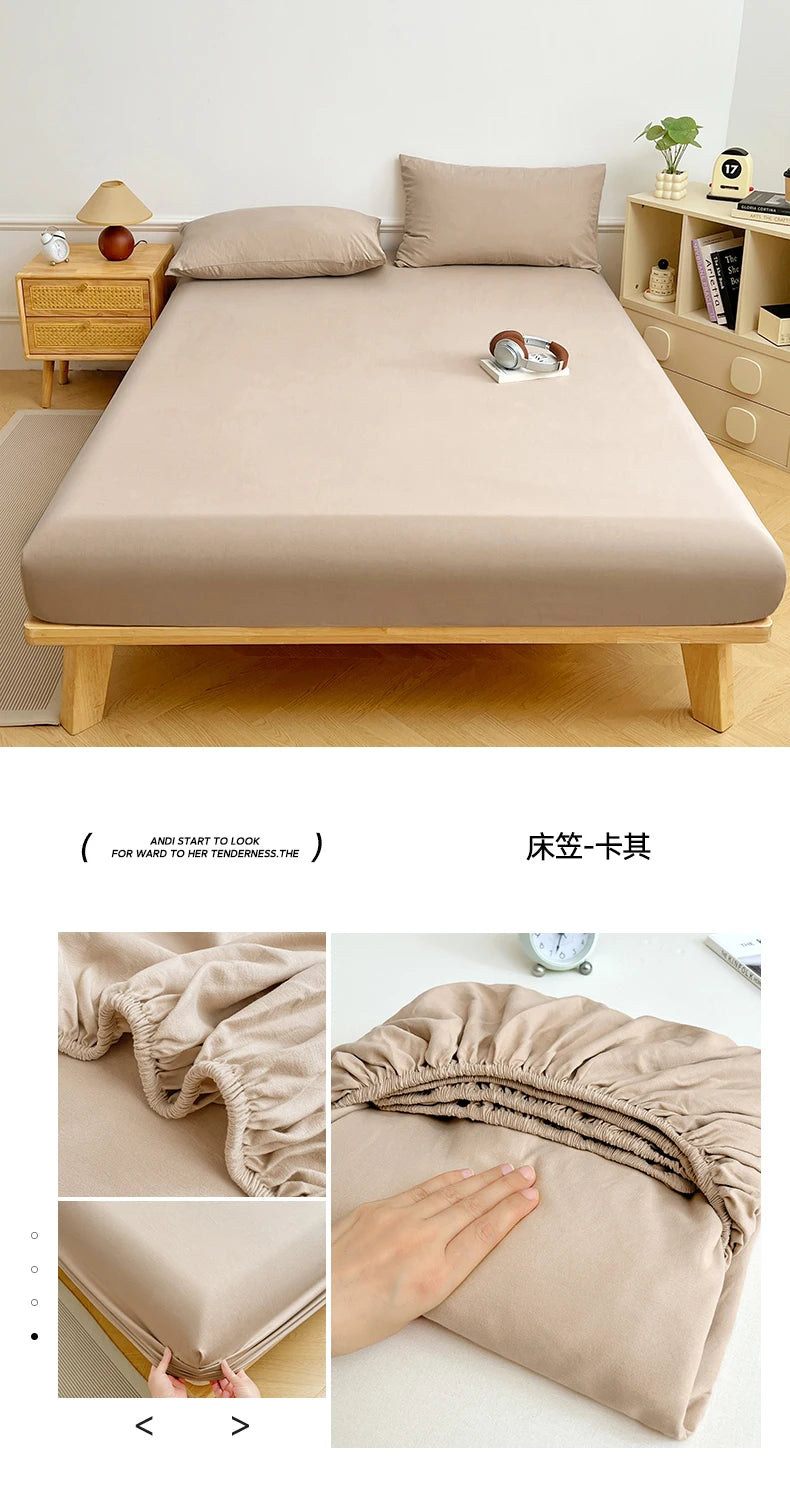 Washed Cotton Solid Color Fitted Sheet with Elastic Bands Non Slip Adjustable Mattress Cover Printed for Double King Queen