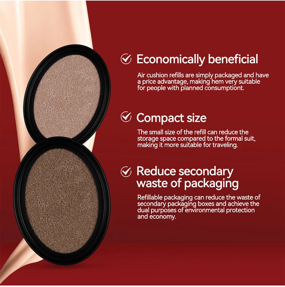 Cushion Foundation Refill Waterproof Semi-Matte Red Finish 72-Hour Wear Long-Lasting Buildable Coverage Sun Protection Makeup
