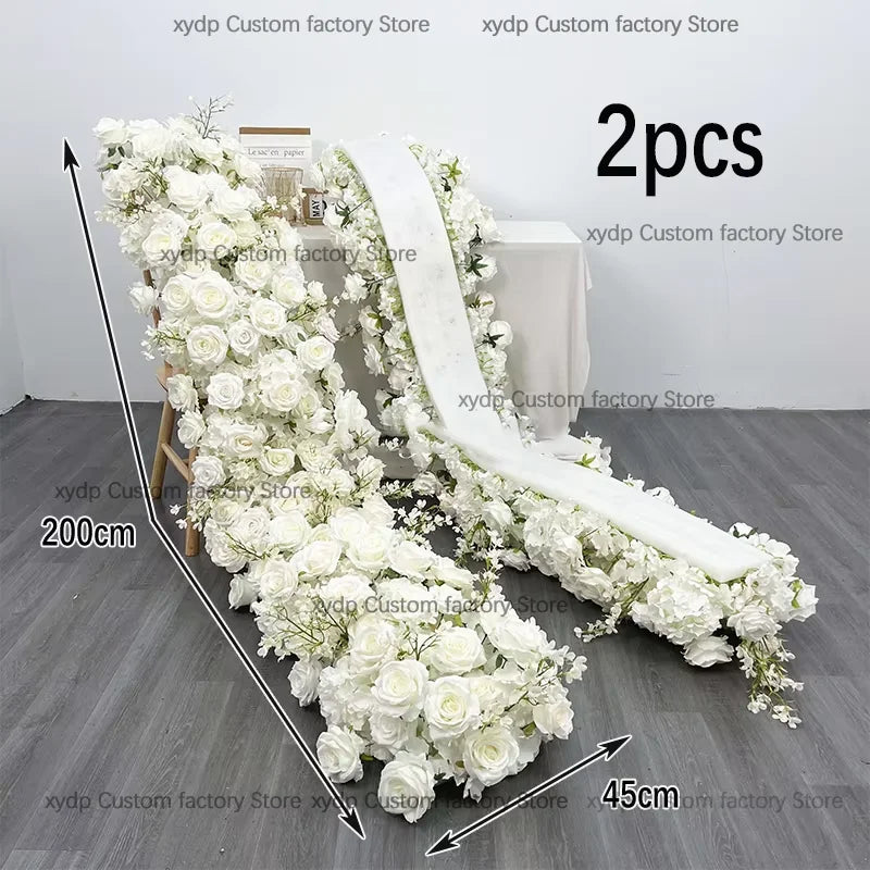 2M Luxurious White Rose Sofa Table Runner Flower Row Wedding Backdrop Decor Floral Arrangement Party table Window Display Props