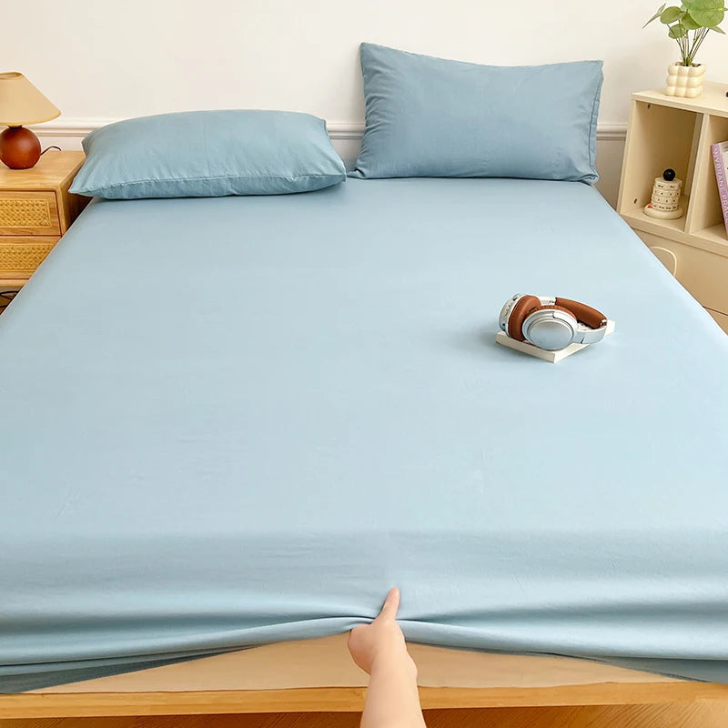 Washed Cotton Solid Color Fitted Sheet with Elastic Bands Non Slip Adjustable Mattress Cover Printed for Double King Queen