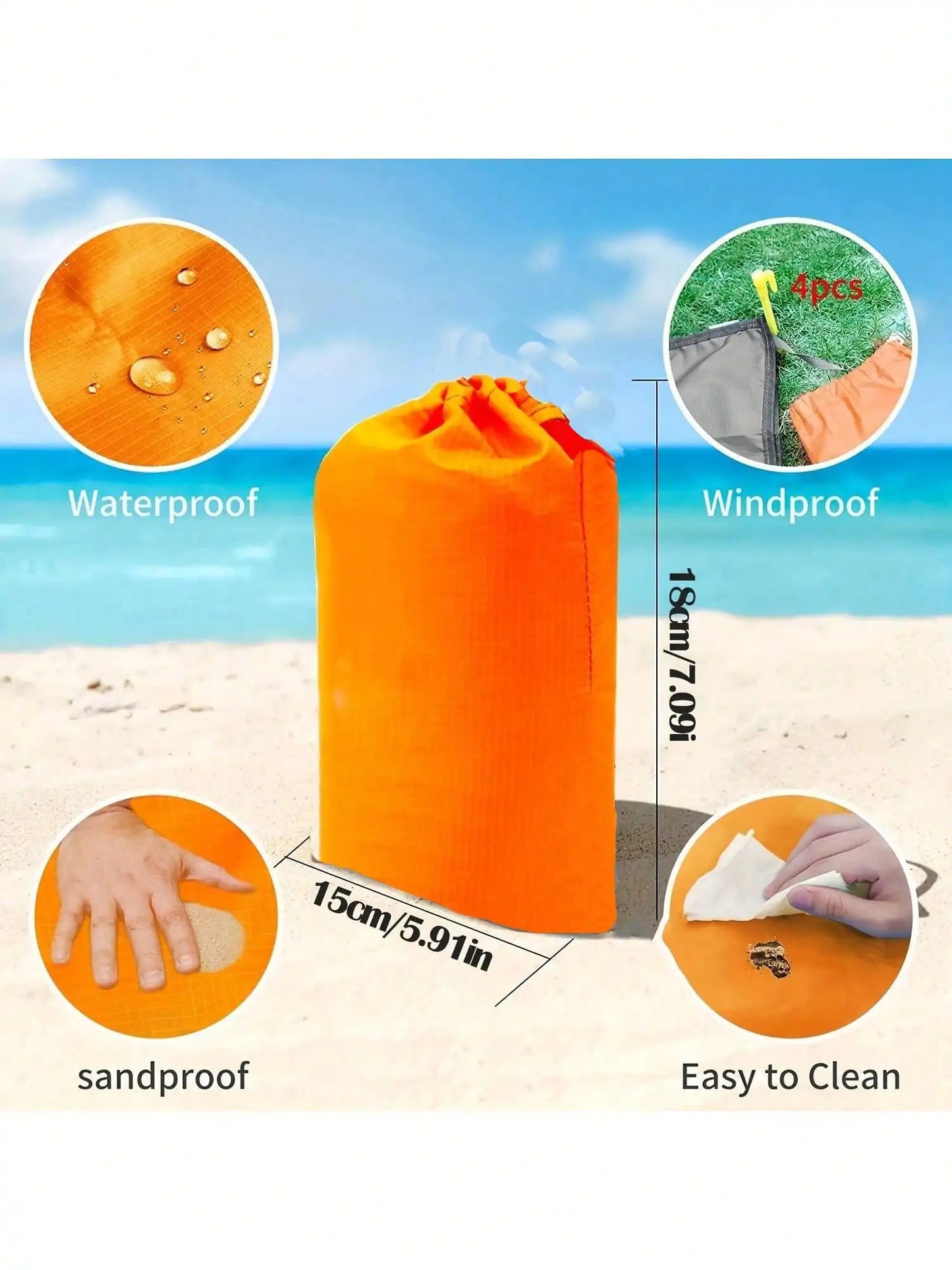 Waterproof Sandproof Beach Blanket, Foldable Beach Mat With 4 Corner Stakes, For Outdoor Camping Travel Vacation Hiking