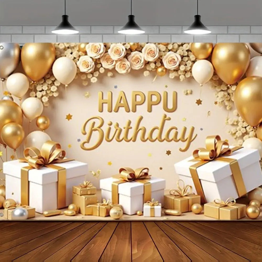 Golden Birthday Party Background Polyester Celebrate Banner Poster Balloon Flower Photography Backdrops Wedding Birthday