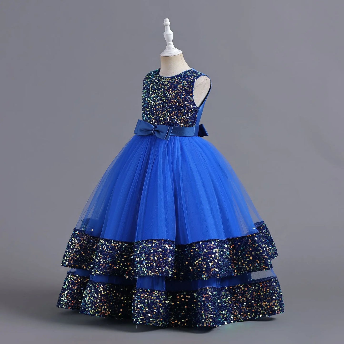 Children's Sequins Bowknot Princess Dress Girls' Fashion Pearl Cake Long Dress Christmas Banquet Host Show Dress