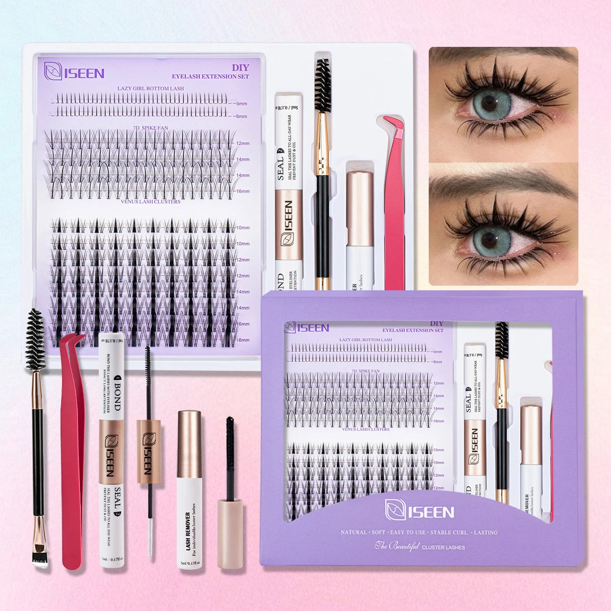 DIY Lash Extension Mix Styles Individual Lash Clusters with Bond&Seal Remover Tweezers Lash Brush eye Makeup tool