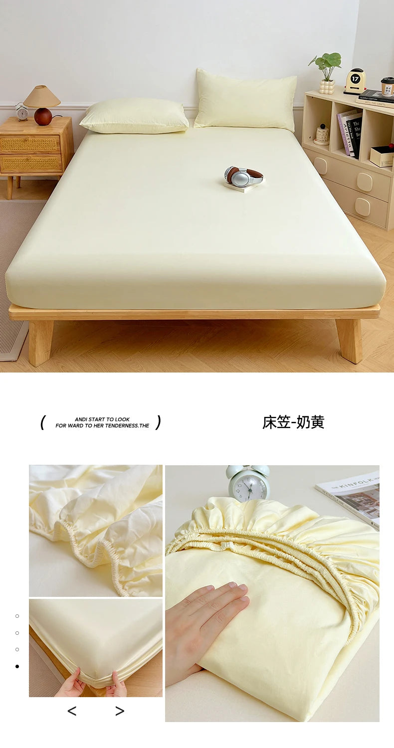 Washed Cotton Solid Color Fitted Sheet with Elastic Bands Non Slip Adjustable Mattress Cover Printed for Double King Queen
