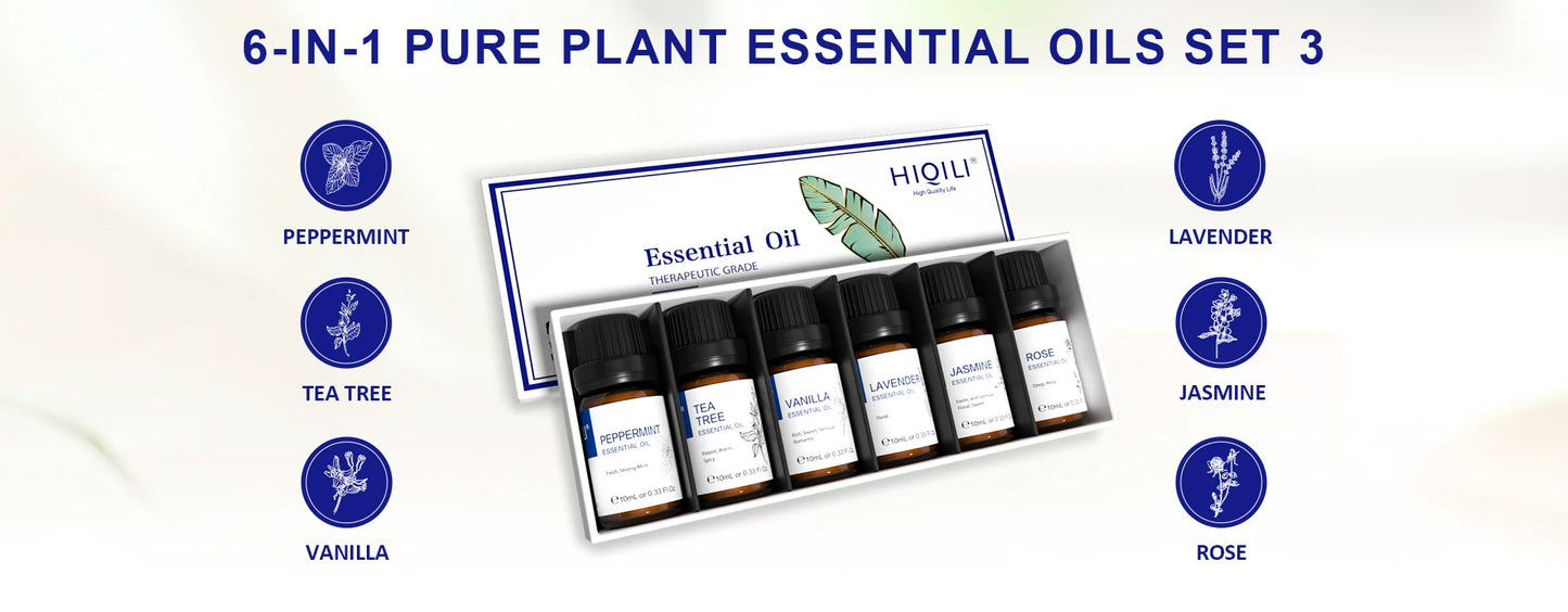HIQILI Essential Oils Set, Pure Nature Plant Oil for Diffuser Humidifier Hair Skin Care Massage Candle Making-6PCS*10mL
