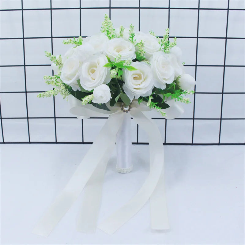 Bridal Bridesmaid Wedding Bouquet White Silk Flowers Roses Handmade Artificial Bride Mariage Bouquet Wedding Accessories
