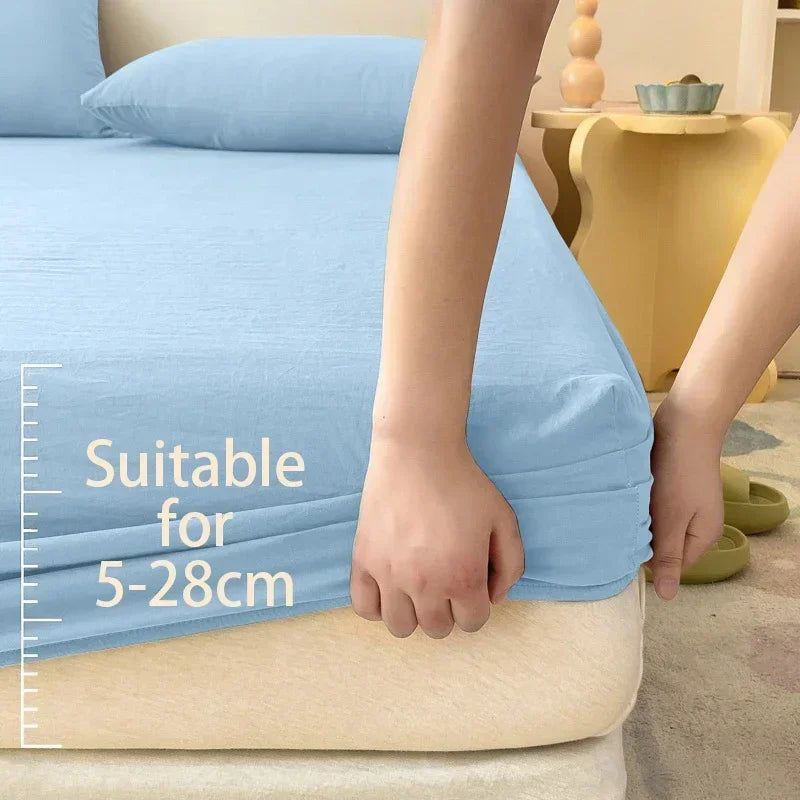 Cotton Fitted Sheet Soild Color with Elastic Band Non Slip Adjustable Mattress Cover for Double King Queen Bed 90/120/150/180M
