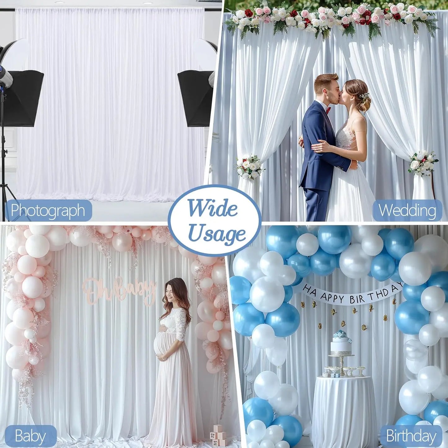 10x20ft White Wrinkle-Free Wedding Backdrop Curtain Silky Washable White Spandex Drapes Birthday Party Baby Shower Photography
