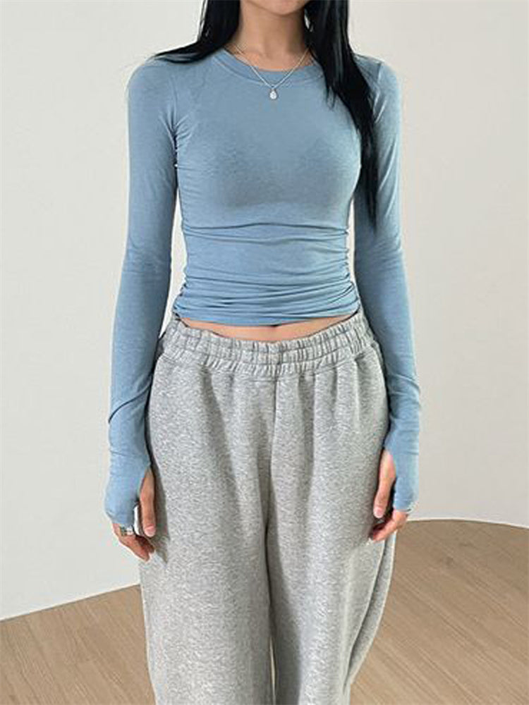 CHRONSTYLE Women Casual Slim Fit Long Sleeve O-Neck T-shirts Tops Spring Fall Solid Color Tees with Thumb Holes Streetwear 2023