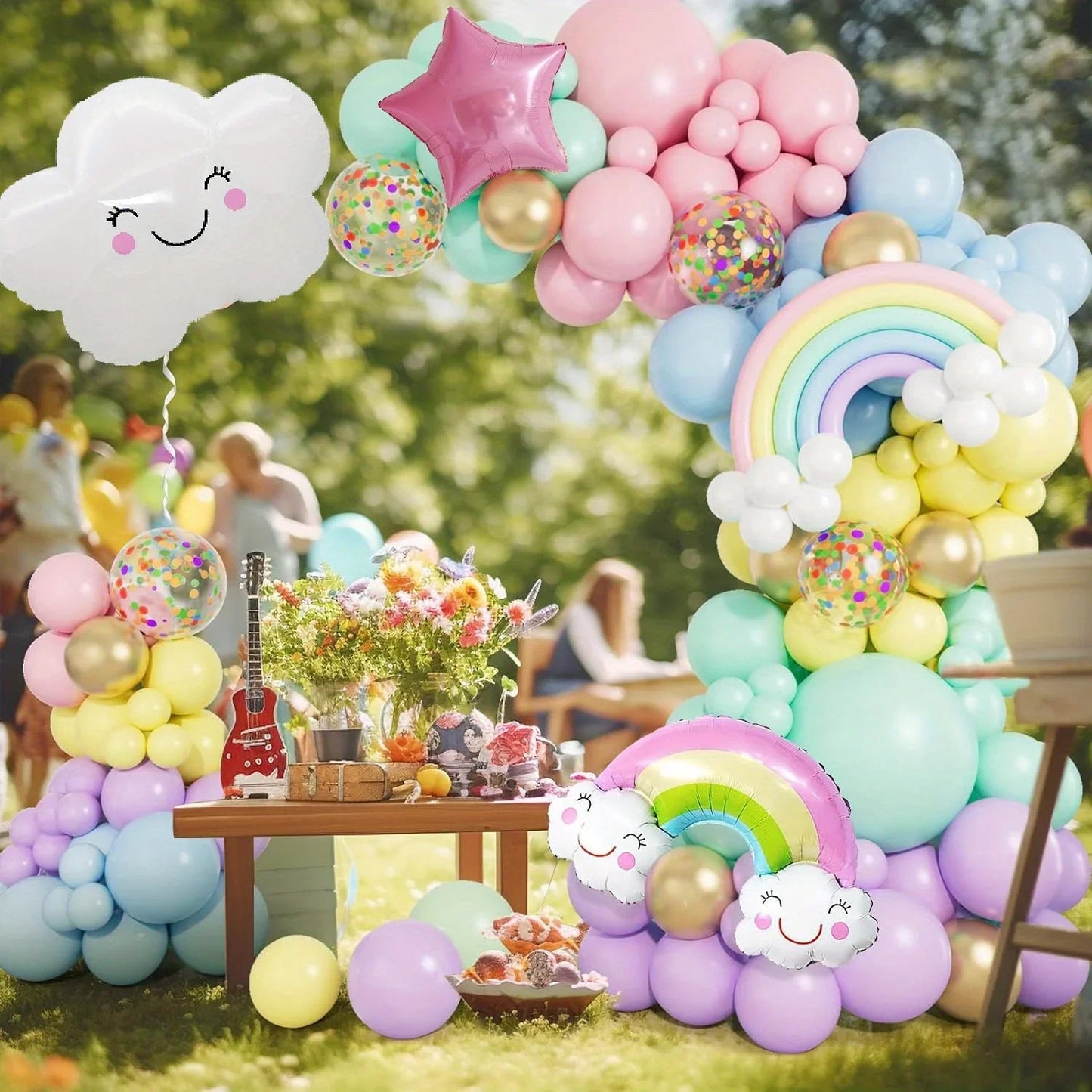 136pcs Macaron Colored White Cloud Balloon Arch Set for Birthdays, Baptisms and General Celebrations Without Electricity