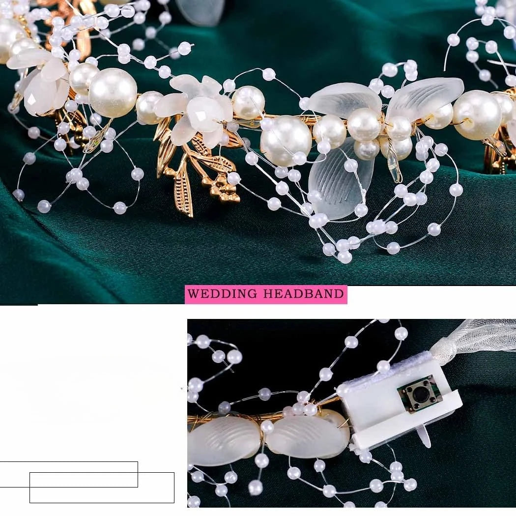 Light Up White Wedding Headbands LED Pearl Flower Princess Headpiece Leaves Hairband Bridal Wedding for Women Girl