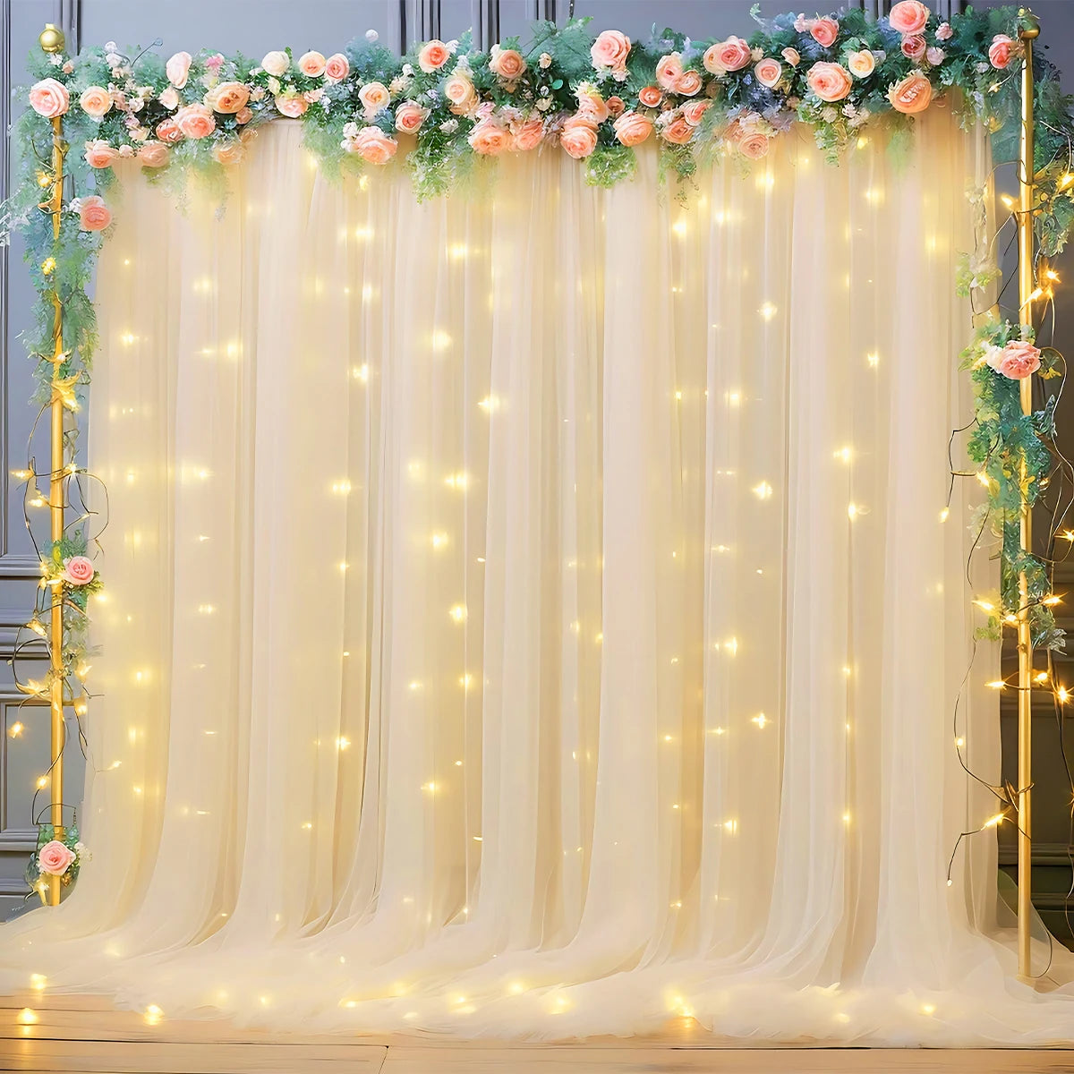 1 Set/2 Pieces Tulle Backdrop Curtains with Lights for Party Wedding Arch Baby Shower Birthday Party Photo Shoot Decorations