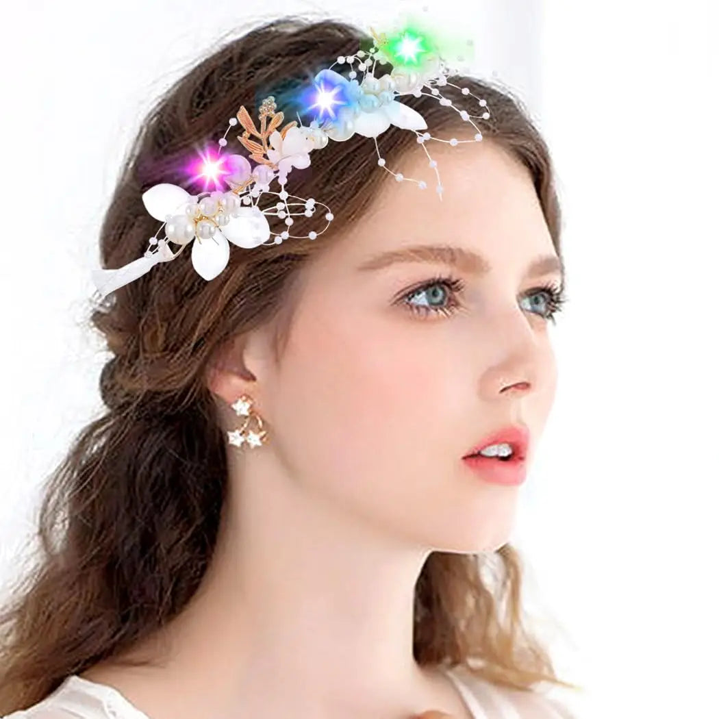 Light Up White Wedding Headbands LED Pearl Flower Princess Headpiece Leaves Hairband Bridal Wedding for Women Girl