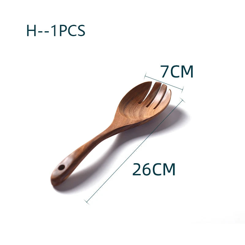 YWDL Natural Teak Cooking Spoon Scoop Kitchen Wooden Spatula Non-stick Utensils Set For Cooking With Hanging Hooks Cookware Tool