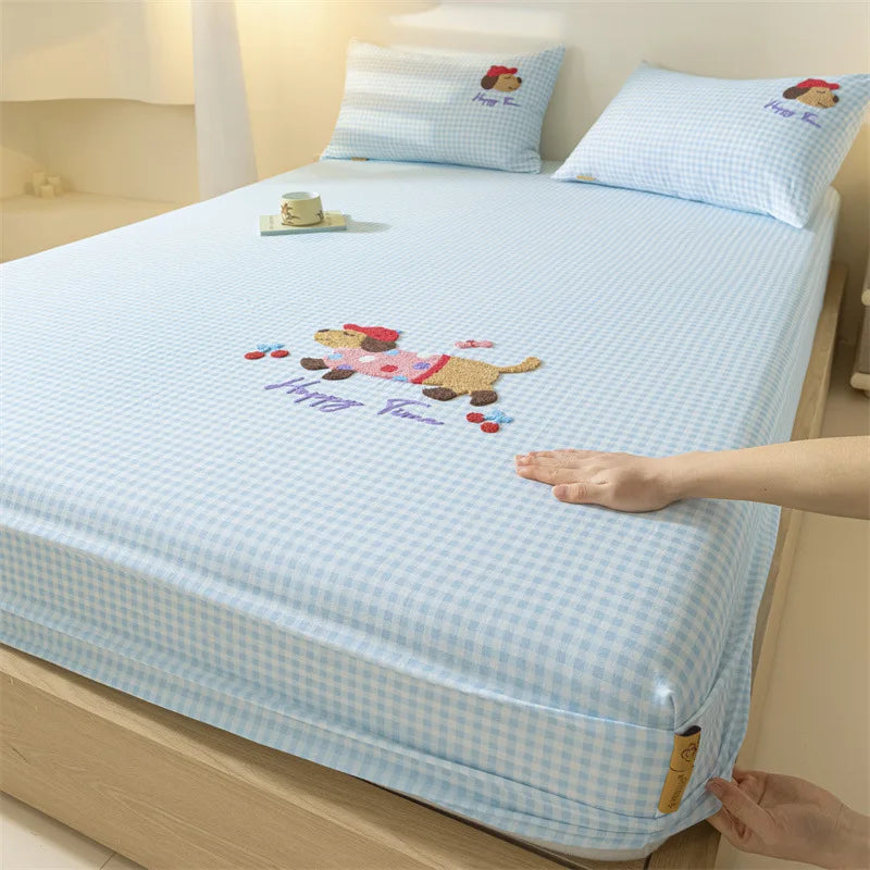 100% Cotton Cartoon Towel Embroidered Fitted Sheet A-Class Single Bed Cover for All Seasons Anti-Slip Mattress Protective Cover