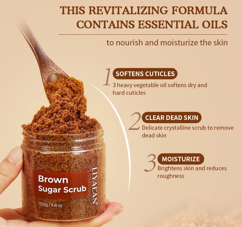 LIYALAN Brown Sugar Body Scrub Smooth Skin Exfoliating Deep Cleaning Softens Cuticles Moisturizing Whitening SPA Organic Sugar