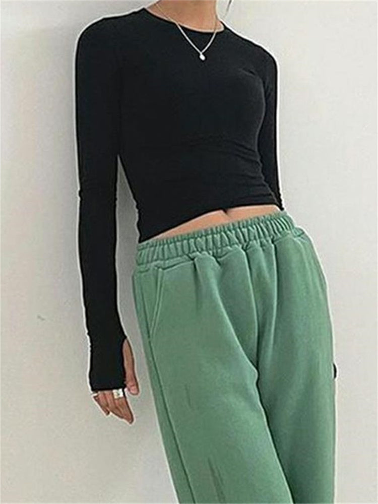 CHRONSTYLE Women Casual Slim Fit Long Sleeve O-Neck T-shirts Tops Spring Fall Solid Color Tees with Thumb Holes Streetwear 2023