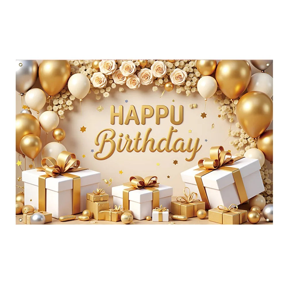 Golden Birthday Party Background Polyester Celebrate Banner Poster Balloon Flower Photography Backdrops Wedding Birthday