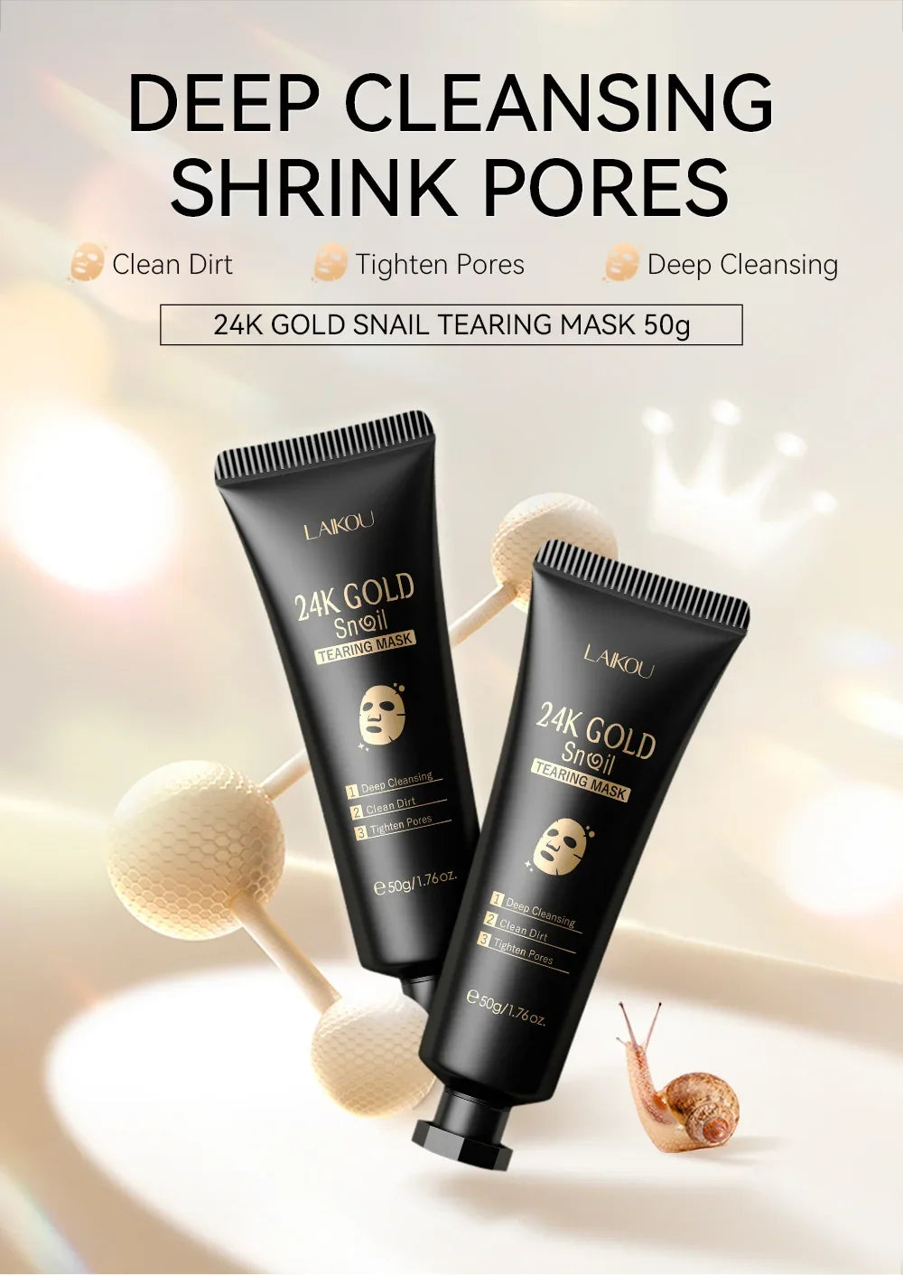 LAIKOU 24K Gold SNAIL TEARING Mask Deep Cleansing Remove Blackhead Face Care 50g