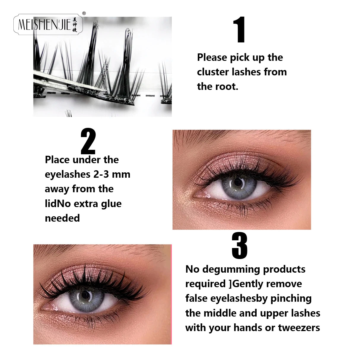 MEISHENJIE Self Adhesive Eyelashes 100 PCS DIY Cluster Lashes No Glue Needed Individual Lashes Extension Makeup Tools Faux Cils