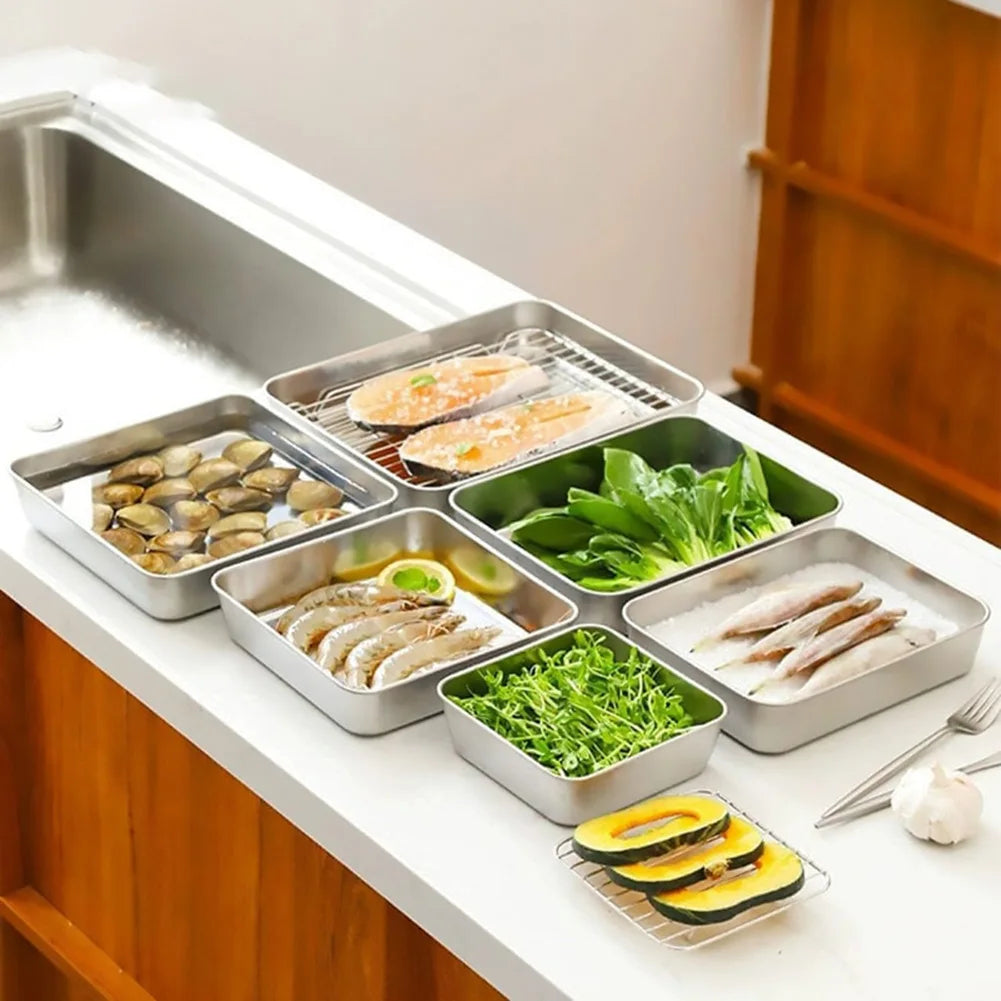 Stainless Steel Square Plate Thickened Lunch Bento Box Tray With Lid