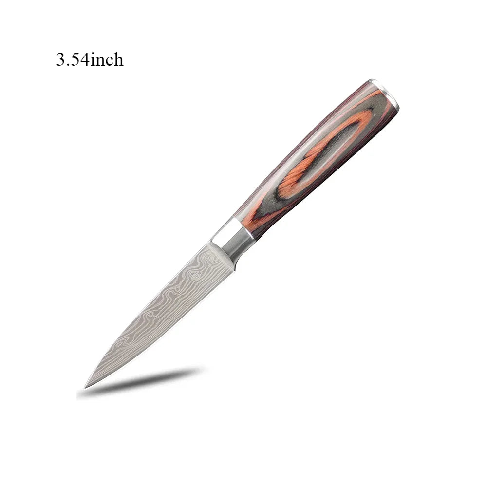 3.5 Inch Kitchen Chef Knife Fruit Knife Stainless Steel Laser Damascus Pattern Colored Wooden Handle Kitchen Knife Kitchen Tools