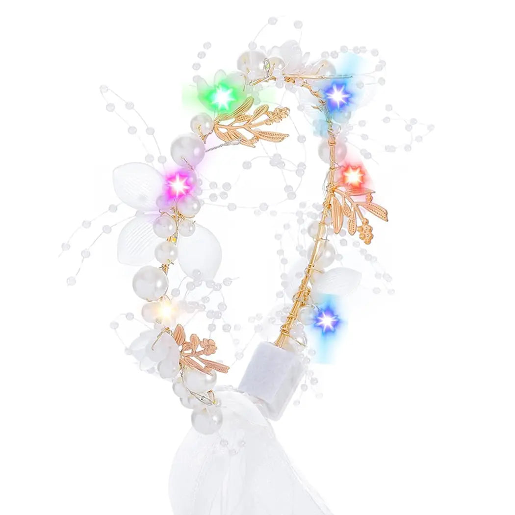 Light Up White Wedding Headbands LED Pearl Flower Princess Headpiece Leaves Hairband Bridal Wedding for Women Girl
