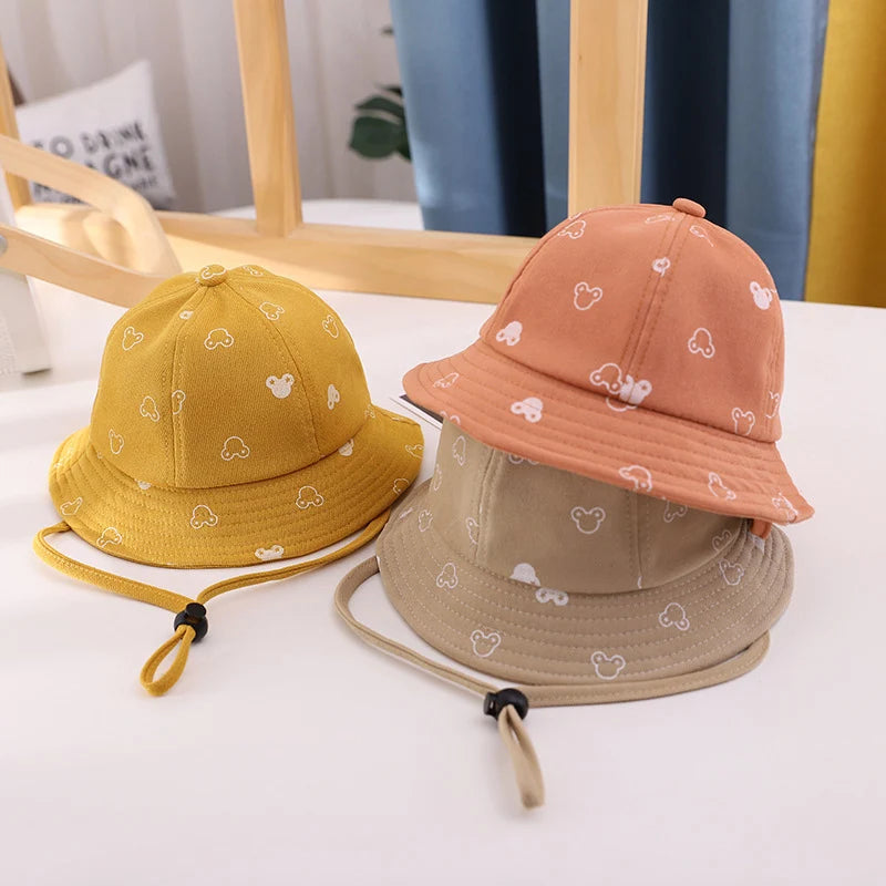 Baby Sunscreen Bucket Hats Cute Cartoon Print Toddler Boy Girl Outdoor UV Protection Fisherman Caps Korean Adjustable Kids Hats