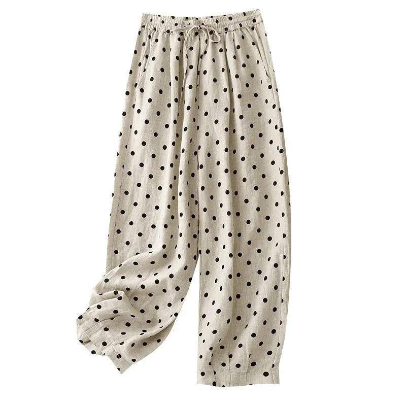 Cotton Hemp Polka Dots Tied Elastic Waist Harem wide leg trouser Pants For Women