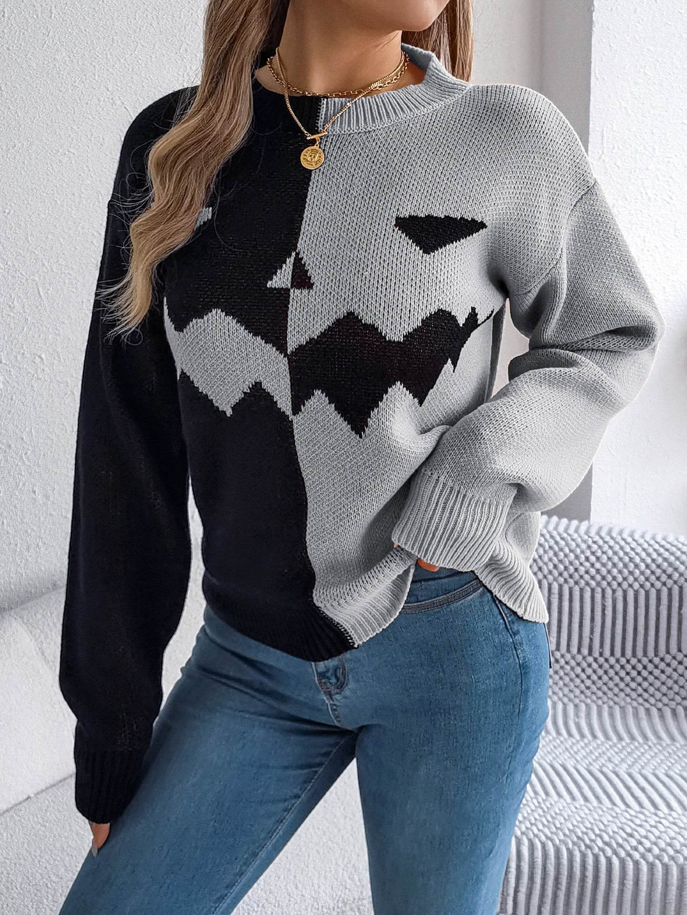 Fall And Winter Halloween Spooky Pumpkin Contrast Long Sleeve Pullover Sweater Women's Clothing