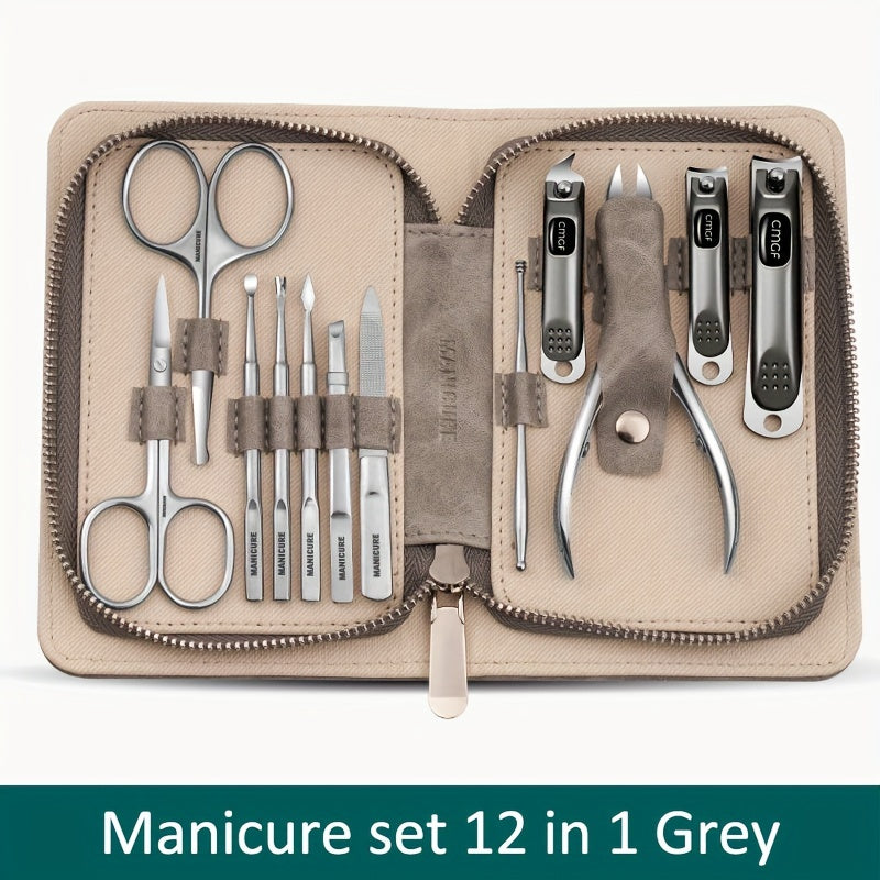 High-Quality Manicure Set With Morandi Grey Top-Grade PU Leather Packaging Nail Clipper Kits Perfect Gift Friends Family