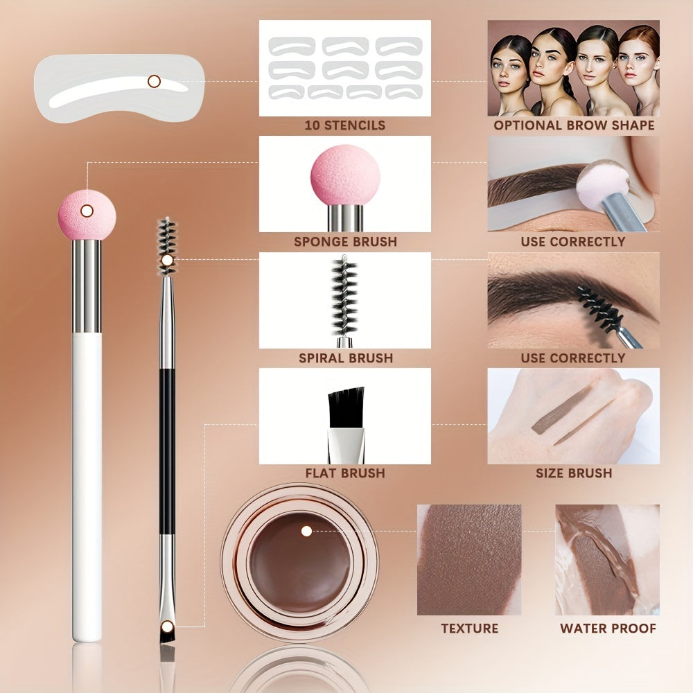 Waterproof and Sweatproof Eyebrow Cream Set with Brush and Sponge Stick - Black and Brown Colors - Lazy Print Eyebrow Stamp Powder - Eyebrow Stencil Included