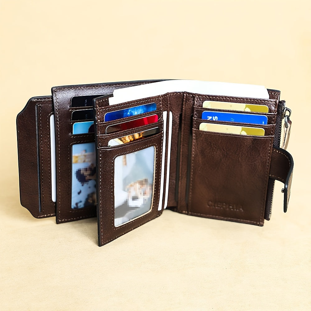 1pc CIEPHIA Men's Genuine Leather Wallet Vintage RFID Blocking Anti-Theft Billfold with Adjustable Strap, 17 Card Slots, ID Window, Coin Pocket & Zipper Closure - Deep Brown, Valentine's Day Gift for Men, Perfect for Thanksgi