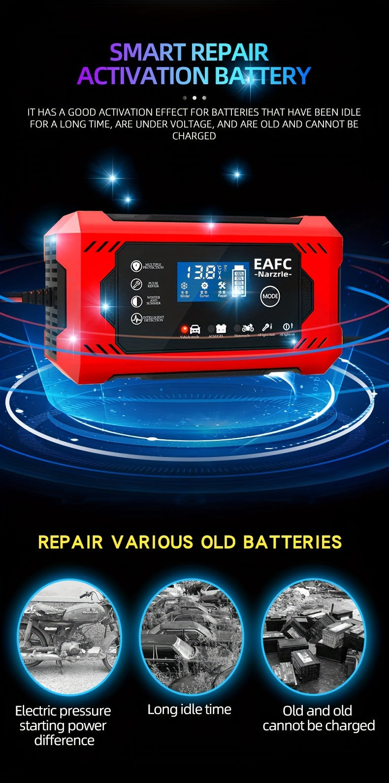 Car Battery Charger, 12V 6A Smart Battery Trickle Charger Auto 12V 24V Battery Maintainer for Car Truck Motorcycle Lawn Mower Marine Lead Acid Battery