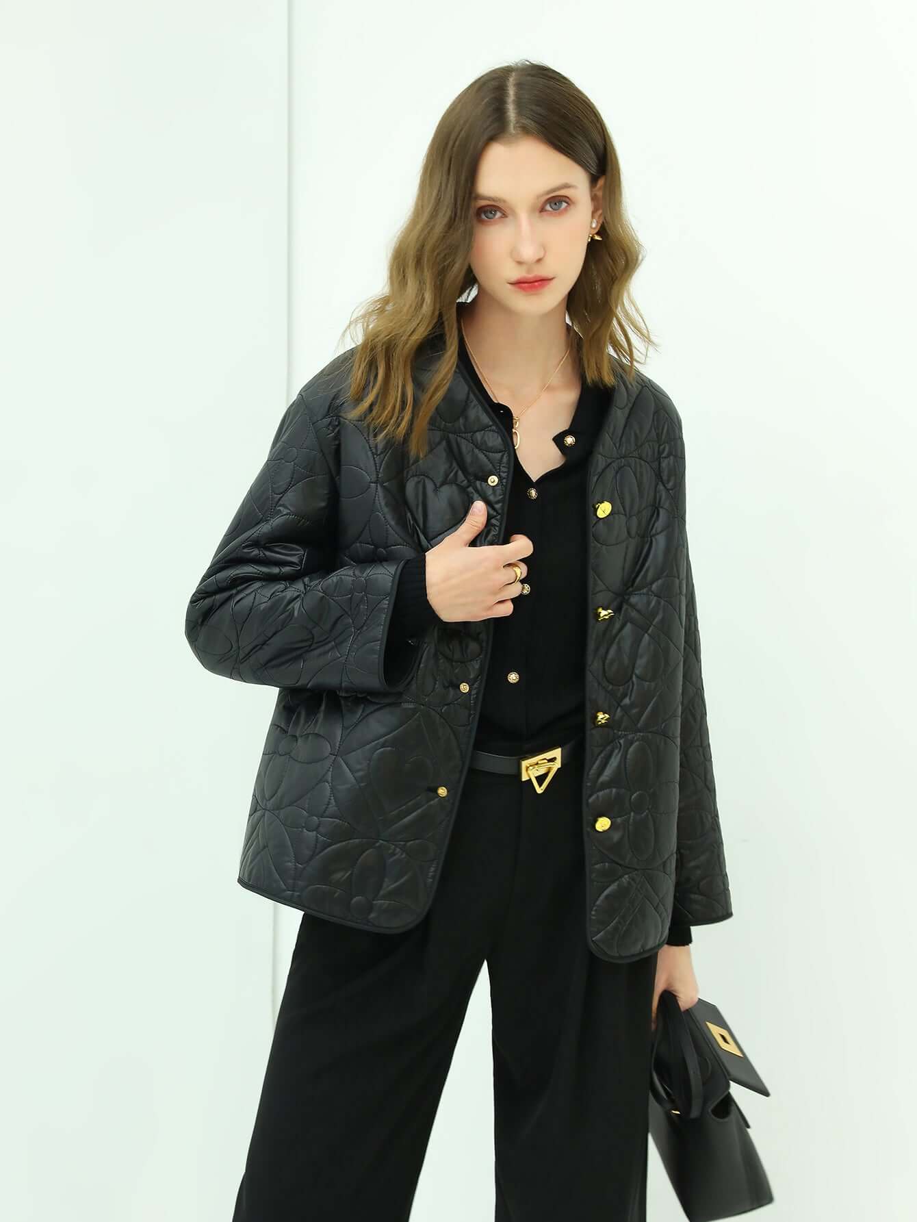 Chic Floral Quilted Black Lightweight Jacket-0
