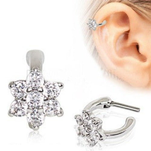 316L Stainless Steel CZ Flower Cartilage Clicker Earring-2