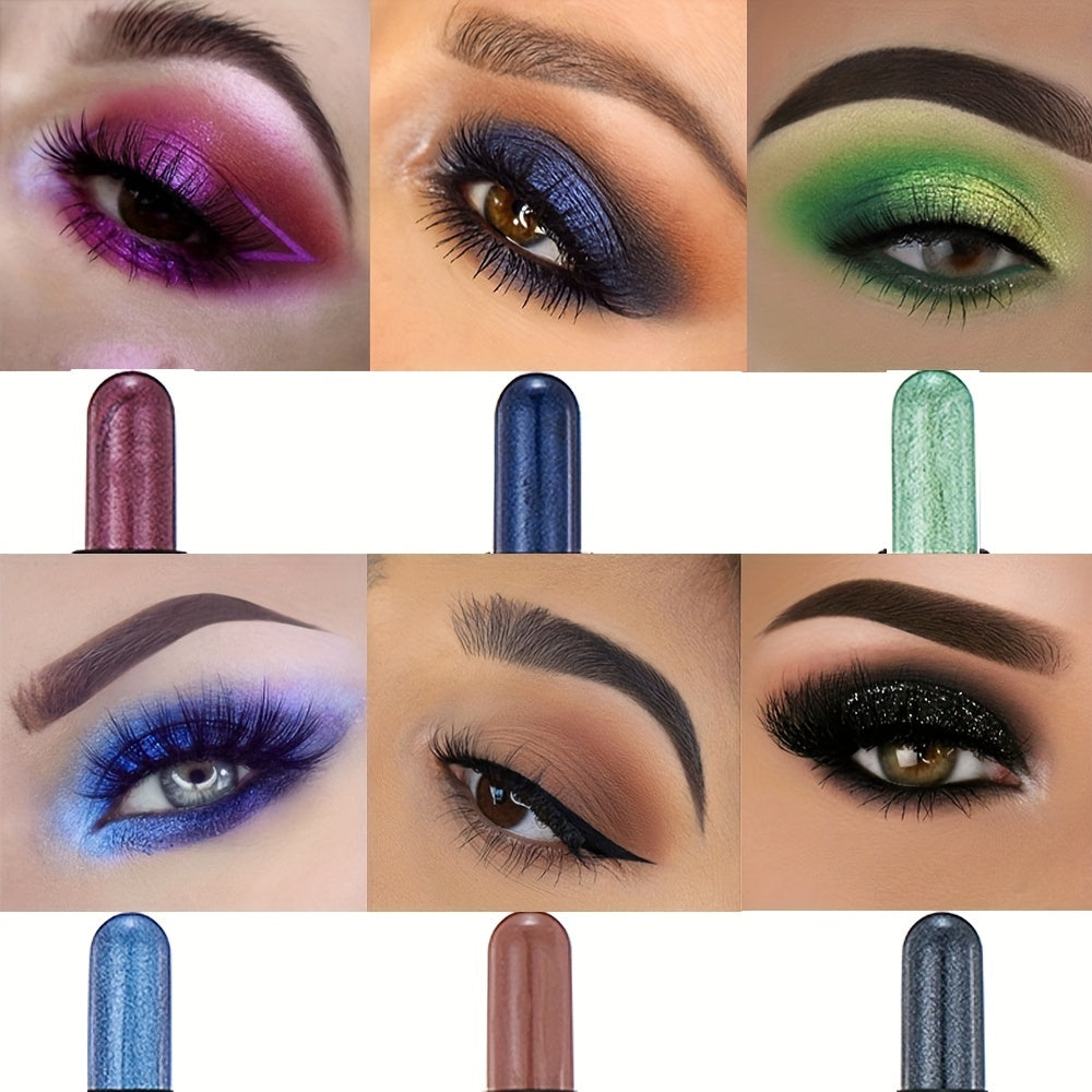12-Color Smudge-Proof Eyeshadow Stick with Brush Head - Glitter, Matte, and Shimmer Crayon for Long-Lasting Makeup For Music Festival