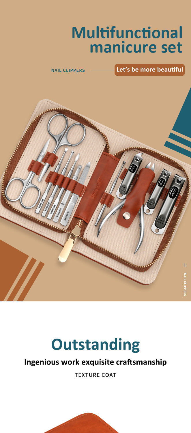 High-Quality Manicure Set With Morandi Grey Top-Grade PU Leather Packaging Nail Clipper Kits Perfect Gift Friends Family