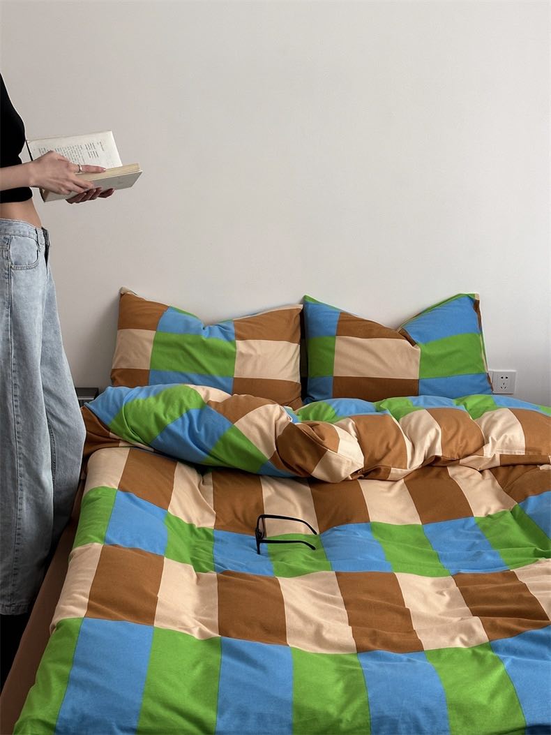 Dopamine Checker Queen Duvet Cover Set With Pillowcases & Fitted Sheet-3