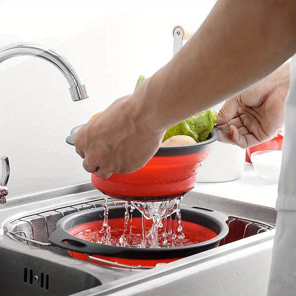 1/2pcs Silicone Collapsible Colander Set - 2 Round Strainers for Draining Pasta, Spaghetti, Salad, Vegetables and Fruits - Large and Small Sizes - Sink Strainers for Kitchen - Useful Kitchen Gadget