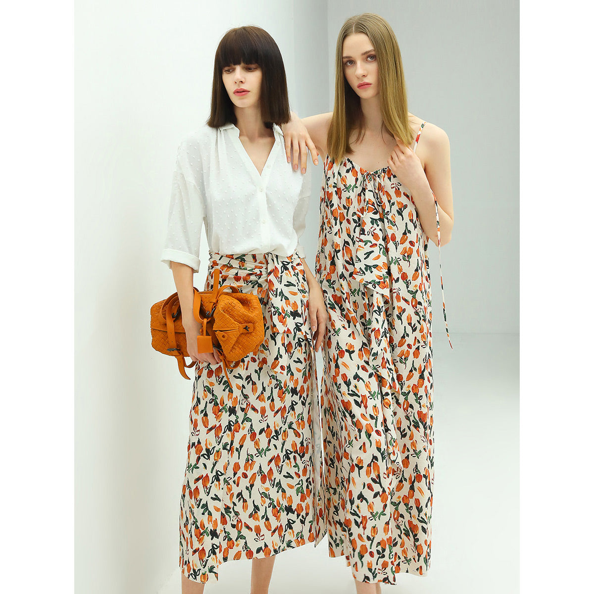 Floral Tie Twist Wrap Skirt Orange-1